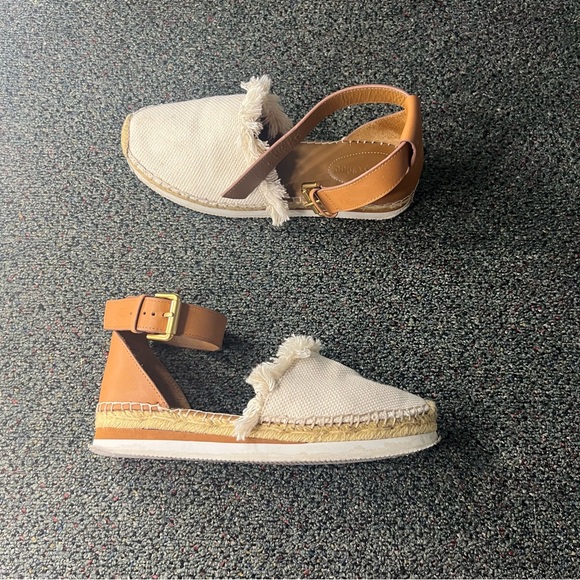 SEE BY CHLOE Tan Glyn Espadrilles Leather Flat Neutral Flats Shoes Gold Buckle 8 - Picture 7 of 16